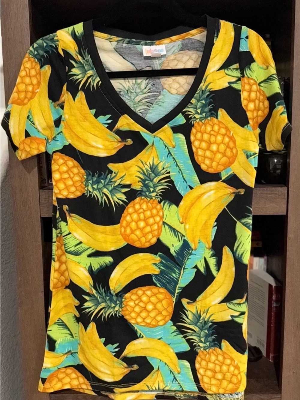 LuLaRoe Black V-Neck Tee with Yellow Pineapple & Banana Print